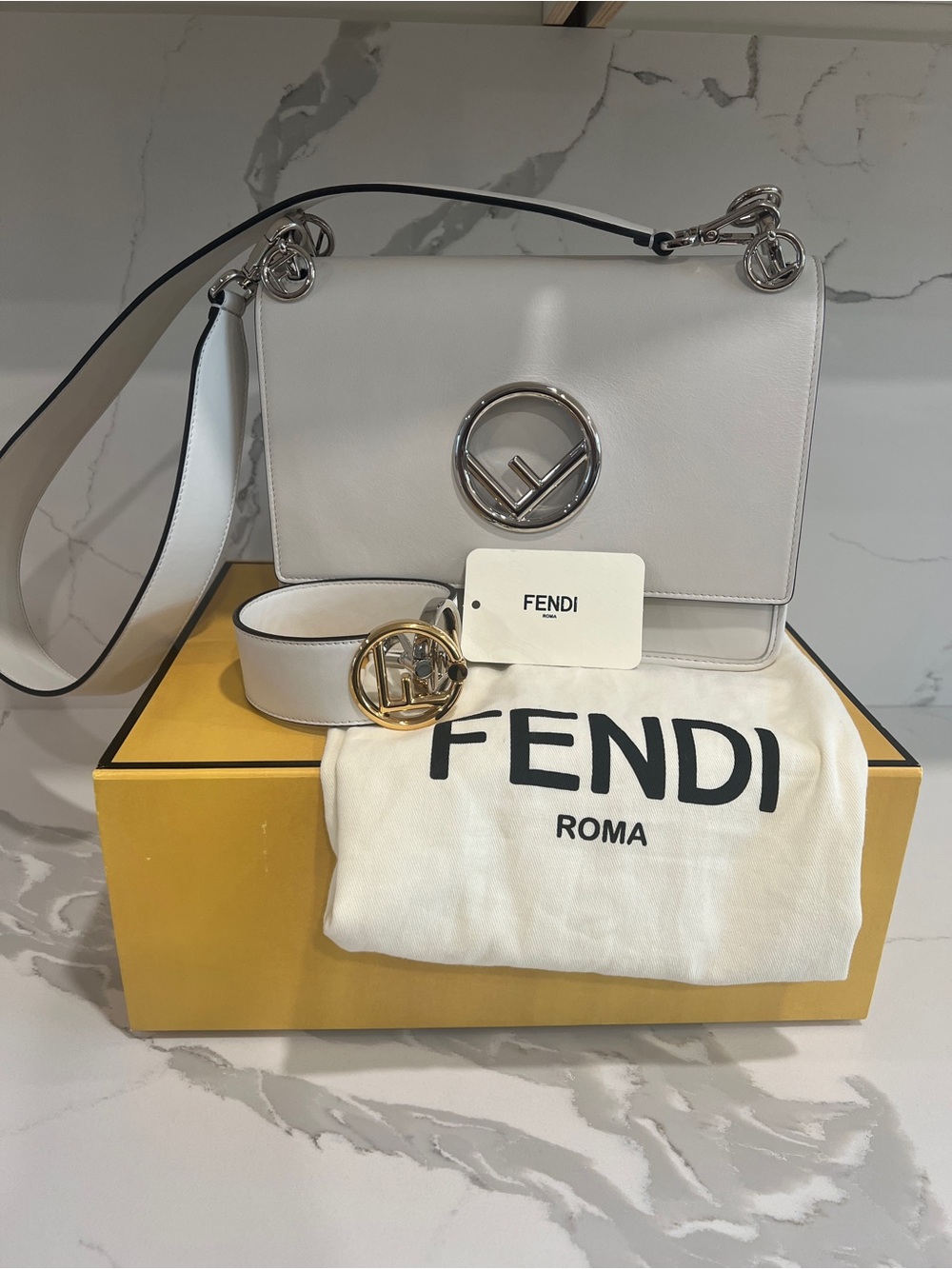 Fendi White Leather Shoulder Bag with Mixed Metal Logo